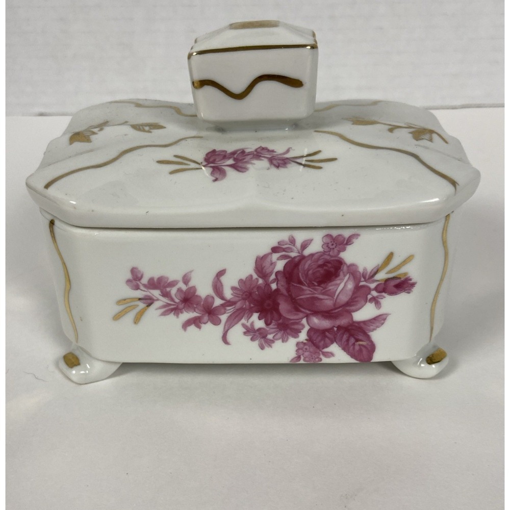 Vtg Hollohaza Hungary Style Floral Porcelain Trinket Box w/Gold Accents & Feet